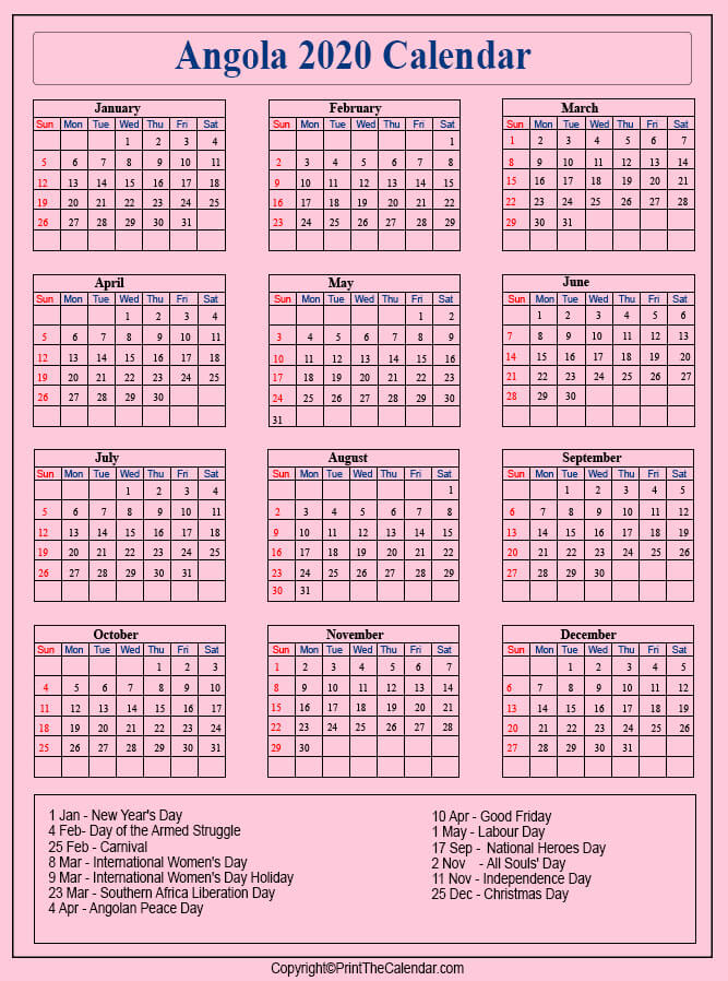 Angola Printable Calendar 2020